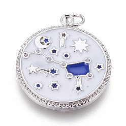 Платина Латуни циркония кубической подвески, с эмалью, плоский круглый с ковшом, белые, платина, 27.5x24x2 мм, отверстие : 3 мм