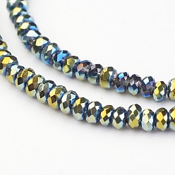 Зеленое Покрытие Стеклянные бусины с гальваническим покрытием , граненые, шайба, зеленый покрытием, 3x2 мм, отверстие : 1 мм, около 170 шт / нитка, 15 дюйм