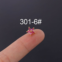 Темно-Розовый Цветок 316l хирургическая нержавеющая сталь микропаве кубический цирконий хрящ серьги, золотые, темно-розовыми, 6 мм, штифты : 0.8 мм