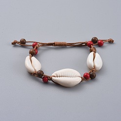 Красный Регулируемый вощеный браслет из бисера, с синтетическими бирюзовыми (крашеными) бусинами, раковина каури и деревянные бусы, красные, 1-1/8 дюйм ~ 3-3/8 дюйм (3~8.6 см)