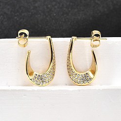 Настоящее золото 18K Женские серьги-гвоздики из латуни с микропаве и прозрачным кубическим цирконием, U-образный, реальный 18 k позолоченный, 19.5x15.5x4.5 мм