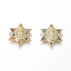 Golden Religion Theme Brass Micro Pave Cubic Zirconia Links connectors, Star with Virgin Mary, Colorful, Golden, 16.5x14.5x2.5mm, Hole: 1mm