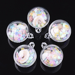 Colorful Openable Transparent Plastic Container Pendants, with Shell and Sequins, Round, Colorful, 36.5x30~30.5x30~30.5mm, Hole: 2.5mm
