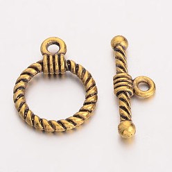 Antique Golden Tibetan Style Alloy Toggle Clasps, Lead Free and Cadmium Free, Ring, Antique Golden, Ring: 19x14x3mm, Hole: 2mm, Bar: 20x8x3mm, Hole: 2mm
