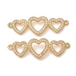 Real 18K Gold Plated Brass Micro Pave Cubic Zirconia Connector Charms, Triple Heart Links, Rack Plating, Long-Lasting Plated, Cadmium Free & Lead Free, Real 18K Gold Plated, 11.5x36x2mm, Hole: 1.2mm