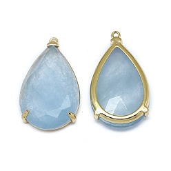 Aqua Natural Jade Pendants, with Brass Findings, Faceted, teardrop, Dyed, Golden, Aqua, 31.5~32.5x18~18.5x5.5~6mm, Hole: 1.4mm