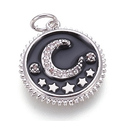 Черный Латунные микро проложить кубического циркония подвески, с эмалью, плоские круглые с Луны и звезды, платина, чёрные, 18x16.5x2 мм, отверстие : 3.5 мм