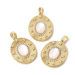 Настоящее золото 18K Натуральный белый оболочки подвески, Овальные подвески с латунными микропаве из прозрачных кубических цирконий., реальный 18 k позолоченный, 22.5~23x18.5x3.5~4 мм, отверстие : 1.4 мм