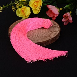 Ярко-Розовый Красивый дизайн украшения нейлон кисточкой кулон, ярко-розовый, 160x18 мм, отверстие : 4 мм