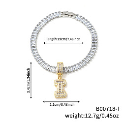 Letter I Модные латунные браслеты с подвесками из прозрачных кубических цирконий с микропаве, теннисные браслеты со стразами для женщин, буквы, Буква "i", 7-1/2 дюйм (19 см)