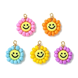 Шампанско-Желтый Подвески из акрилового стекла с бусинами, с фурнитурой позолоченной латунной, плоские круглые с улыбающееся лицо, шампанское желтый, 23x18x5 мм, отверстие : 3 мм