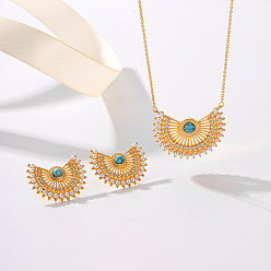 Золотой Комплект из латунного ожерелья с подвеской в виде полумесяца и серег-гвоздиков со стразами, синтетической бирюзой и искусственным жемчугом, золотые, ожерелья: 16.54 дюйм (42 см)