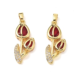 Темно-Красный Латунные микро проложить кубического циркония подвески, без кадмия и без свинца, тюльпан, реальный 18 k позолоченный, темно-красный, 27x11x5 мм, отверстие : 5x3 мм