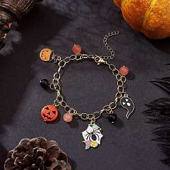 Оранжевый Браслеты с подвесками из сплава и эмали на тему Хэллоуина для женщин, с синтетической бирюзой и стеклянными круглыми бусинами, оранжевые, 7-5/8 дюйм (19.4 см), Кулон : 12~27x8~20x1.5~8 мм