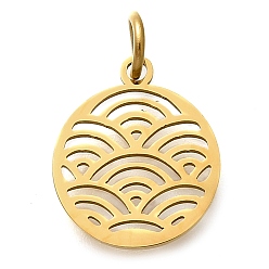 Настоящее золото 18K 304 прелести нержавеющей стали, с целью перехода в кольце, плоский круглый шарм, лазерная резка, ионное покрытие (ip), реальный 18 k позолоченный, 14x12x1 мм, отверстие : 3 мм