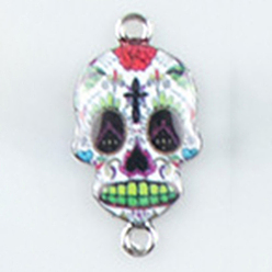 Colorful Cinco de Mayo Alloy Enamel Connector Charms, Sugar Skull Links, Platinum, Colorful, 26x14mm