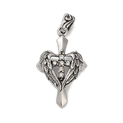 Античное Серебро 316 кулоны из хирургической нержавеющей стали с микропаве и кубическим цирконием., крест с крыльями, ионное покрытие (ip), античное серебро, 36x22.5x7 мм, отверстие : 5x7.5 мм