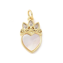 Настоящее золото 18K Подвески из латуни с натуральными белыми ракушками, подвески в виде короны в форме сердца с соединительными кольцами, долговечный, без свинца и без кадмия, стойки покрытие, реальный 18 k позолоченный, 18x10.5x3 мм, отверстие : 3 мм