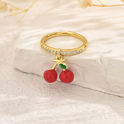 Вишня Женские кольца-пальцы с фруктами и подвеской из латуни с микропаве из кубических цирконий, золотые, вишня, 13x11 мм, внутренний диаметр: 16мм~19мм