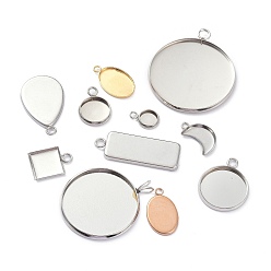 Color mezclado Ajustes pendientes de cabujón de acero inoxidable, bandejas para tazas con bisel en blanco, forma aleatoria, color mezclado, Bandeja: 5.5~30x5.5~30 mm, 10.5~36.5x8~32x1.5~2 mm, agujero: 1.8~2.8 mm