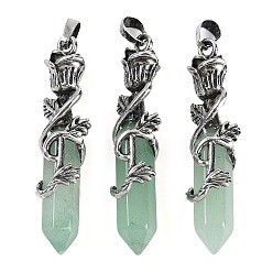 Зеленый Авантюрин Натуральный зеленый авантюрин ограненный двойной конечный заостренный большой кулон, Подвески в виде шестиугольной призмы с розой в оболочке из сплава, античное серебро, 51~53x14x10.5 мм, отверстие : 4.5 мм