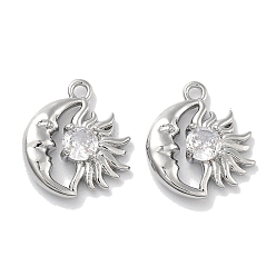 Прозрачный Латунь прелести, со стеклом, граненые, луна и солнце, прозрачные, 14x12.5x3.5 мм, отверстие : 1.4 мм