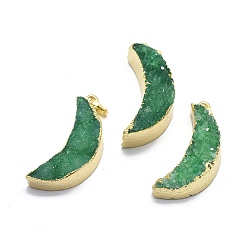 Medium Sea Green Natural Druzy Agate Pendants, Edge Golden Plated, with Golden Tone Brass Finding, Moon, Dyed & Heated, Medium Sea Green, 33~34x14~14.5x8.5~11.5mm, Hole: 3.5x6mm
