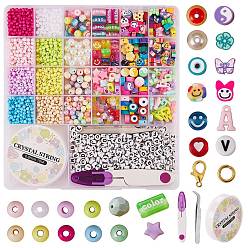 (52) Непрозрачная лаванда Комплект для изготовления ювелирных изделий из бисера своими руками, включая полимерную глину и абс-пластик, имитирующий жемчуг, акриловые и смоляные бусины, акриловые подвески, Сплав застежками, железа прыжок кольцо, эластичная нить, резать ножницами, выщипывать пинцетом, разноцветные, шарик: 1965шт/коробка