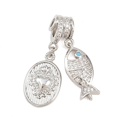 Платина Латунные микро проложить кубического циркония подвески, рыбки с овальными подвесками, без кадмия и без свинца, стойки покрытие, долговечный, платина, 32.5 мм, отверстие: 4мм и 3мм