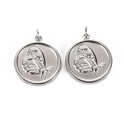 Нержавеющая Сталь Цвет Не тускнеющие 304 подвески из нержавеющей стали, с прыжковых колец, плоские круглые с бабочкой, цвет нержавеющей стали, 17.5x15x2 мм, Перейти кольцо: 3.8x0.5 мм, 2.8 мм внутренним диаметром