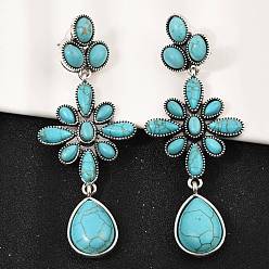 Античное Серебро Серьги-гвоздики из сплава синтетической бирюзы, цветок с каплей, античное серебро, 81.5x31 мм