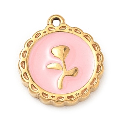 Golden 304 Stainless Steel Enamel Pendants, Flat Round with Rose Flower Pattern Charms, Golden, 18x16x3mm, Hole: 1.4mm