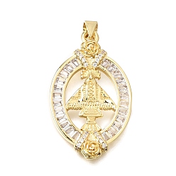 Real 18K Gold Plated Religion Brass Micro Pave Clear Cubic Zirconia Pendants, Oval with Virgen de Juquila & Flower Charms, Rack Plating, Long-Lasting Plated, Cadmium Free & Lead Free, Real 18K Gold Plated, 34x20.5x3.5mm, Hole: 4x3.5mm