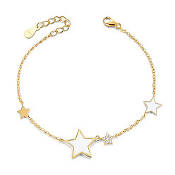 Golden 925 Sterling Silver Link Bracelets, with White Enamel and Cubic Zirconia, Star, Golden, 6-1/4 inch(160mm)