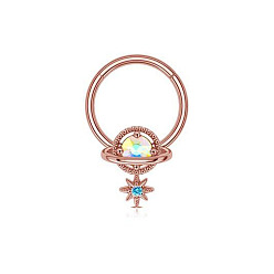 Розовое Золото 304 Кольцо для носа из нержавеющей стали с подвесками в виде планет из прозрачных кубических цирконий из латуни, розовое золото , внутренний диаметр: 10 мм, штифты : 1.2 мм
