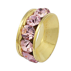 Pink Grade A laiton perles strass, épouses de basket perles d'entretoise pour la fabrication de bijoux, rondelle, or, rose, 10x4mm, Trou: 5mm