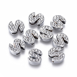 Letter S Alloy Initial Slide Charms with Grade A Rhinestones, Lead Free & Nickel Free, Platinum, Letter.S, 12~13x8~13x4~5mm, Hole: 8x2mm