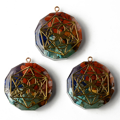 Flower of Life Плоские круглые подвески из эпоксидной смолы, духовные чары, с натуральным аметистом, лазуритом, содалитом, зеленым авантюрином, тигровым глазом, сердоликом и стружкой из красной яшмы внутри, и латунная наклейка, цветок жизни узор, 39.5x35x10.5~11.5 мм, отверстие : 1.8 мм