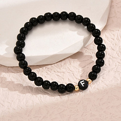 Letter F Браслеты из литой смолы с круглыми бусинами, плоские круглые с буквы, чёрные, золотые, Буква F, 7-1/8 дюйм (18 см)