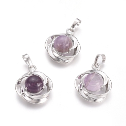 Аметист Подвески из натурального аметиста , с латунной фурнитурой платинового цвета, цветок, 24x19.4x9.8 мм, отверстие : 6x3.5 мм
