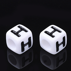 Letter H Letter Acrylic Beads, Cube, White, Letter H, Size: about 7mm wide, 7mm long, 7mm high, hole: 3.5mm, about 2000pcs/500g