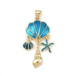 Небесно-голубой Латунь эмаль подвески, подвески в форме ракушек, без свинца и без кадмия, долговечный, реальный 18 k позолоченный, стойки покрытие, голубой, 32x18x3.5 мм, отверстия: 5x3.5