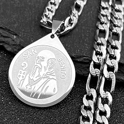 Нержавеющая Сталь Цвет Капля с рисунком отца святого Бенедикта 201 ожерелья из нержавеющей стали с подвеской для мужчин и женщин, ожерелья из цепочек Фигаро, цвет нержавеющей стали, 21.50 дюйм (54.6 см)