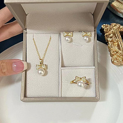 Золотой Ожерелья с подвесками и кольцами из натурального пресноводного жемчуга с бантом, серьги-гвоздики и комплекты, золотые, 450 мм