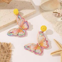PeachPuff Alloy & Rhinestone & Raffia Stud Dangle Earrings, Butterfly, PeachPuff, 75x55mm
