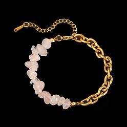Розовый Кварц Повседневные модные браслеты из бусин из натурального розового кварца, 201 женские браслеты-цепочки из нержавеющей стали, золотые, 6.69 дюйм (17 см)