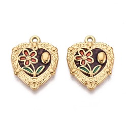 Кокосово-Коричневый 304 подвески из нержавеющей стали и эмали, сердце с цветочными подвесками, ионное покрытие (ip), реальный 18 k позолоченный, кокосового коричневый, 23.5x18x2.5 мм, отверстие : 1.6 мм