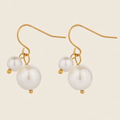 Настоящее золото 18K 304 стальные круглые серьги болтаться из нержавеющей, с имитацией жемчуга, реальный 18 k позолоченный, 25.8x10.1 мм