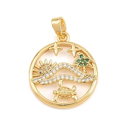 Verde Colgantes de verano de latón con microengaste de circonitas cúbicas, Plano y redondo con dijes de palmera y tortuga., dorado, verde, 20.5x18x3.5 mm, agujero: 5x2 mm