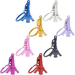 Mixed Color Alloy Keychain, with Eiffel Tower Pendants, Mixed Color, 49x22mm, , 4pcs/color, 32pcs/set